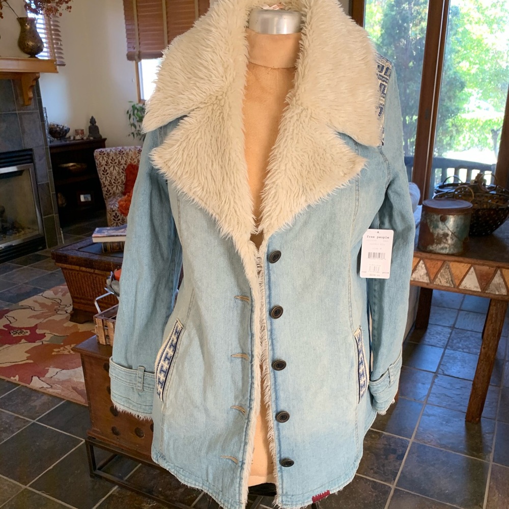 Free People Denim Sherpa Coat Jacket New Medium